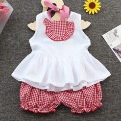 Set áo linen bèo túi trước quần bí caro dễ thương cho bé gái